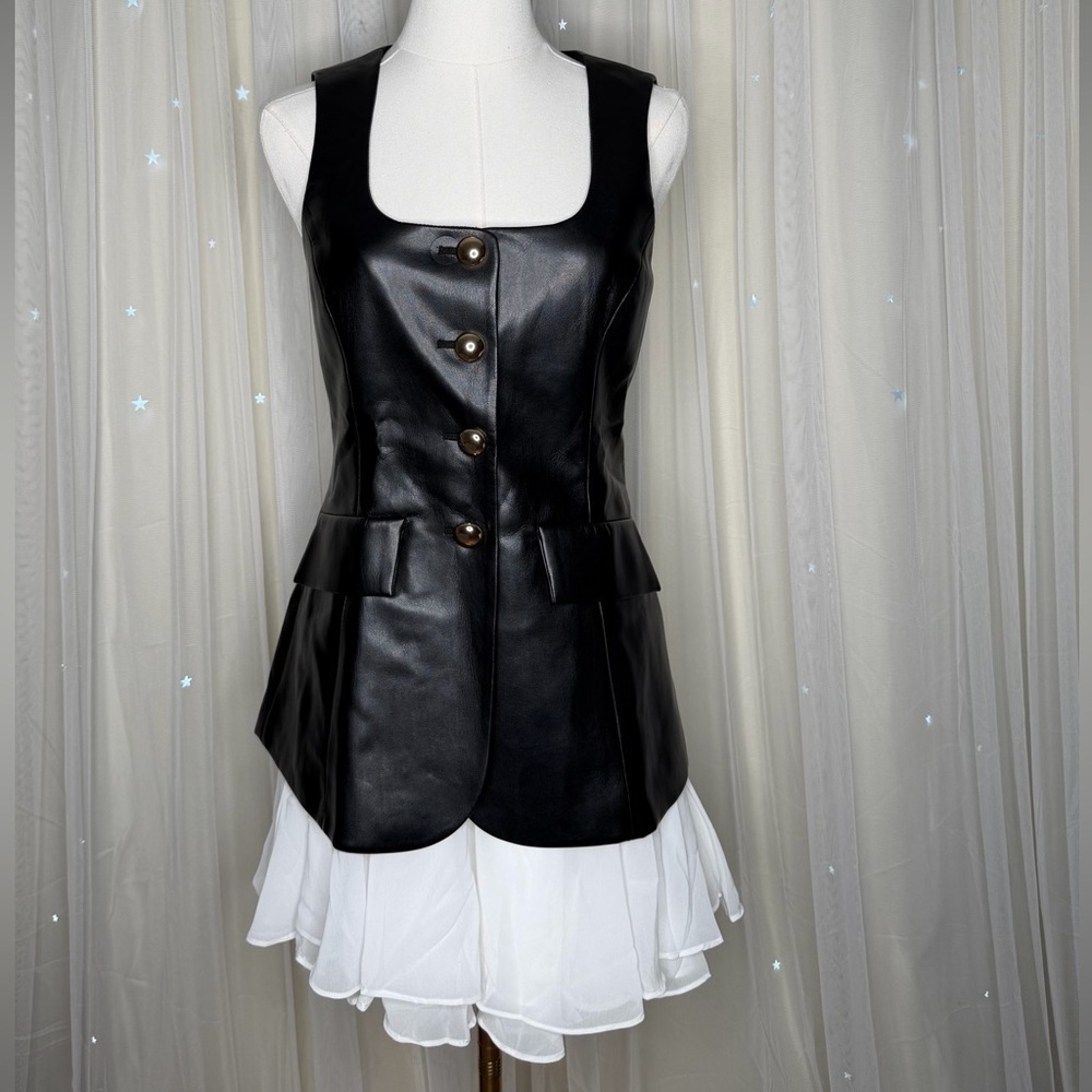 New Amanda Uprichard Lilibet Buttery Soft Faux Leather Black White Mini Dress